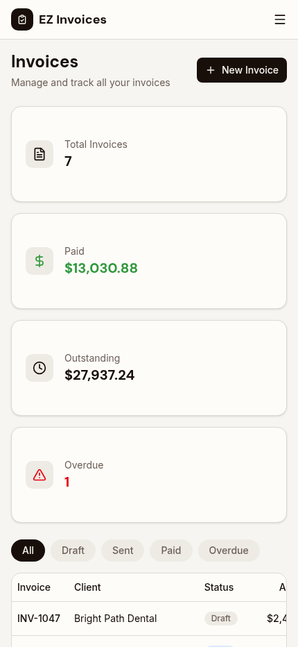 The EZ Invoices dashboard on a phone, showing invoices and totals from the job site