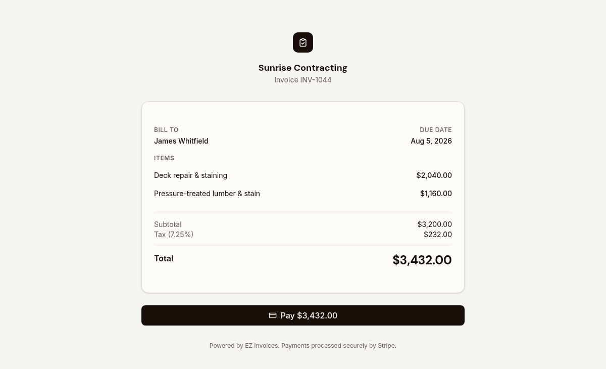 The customer-facing pay page showing an itemized total and a pay by card button